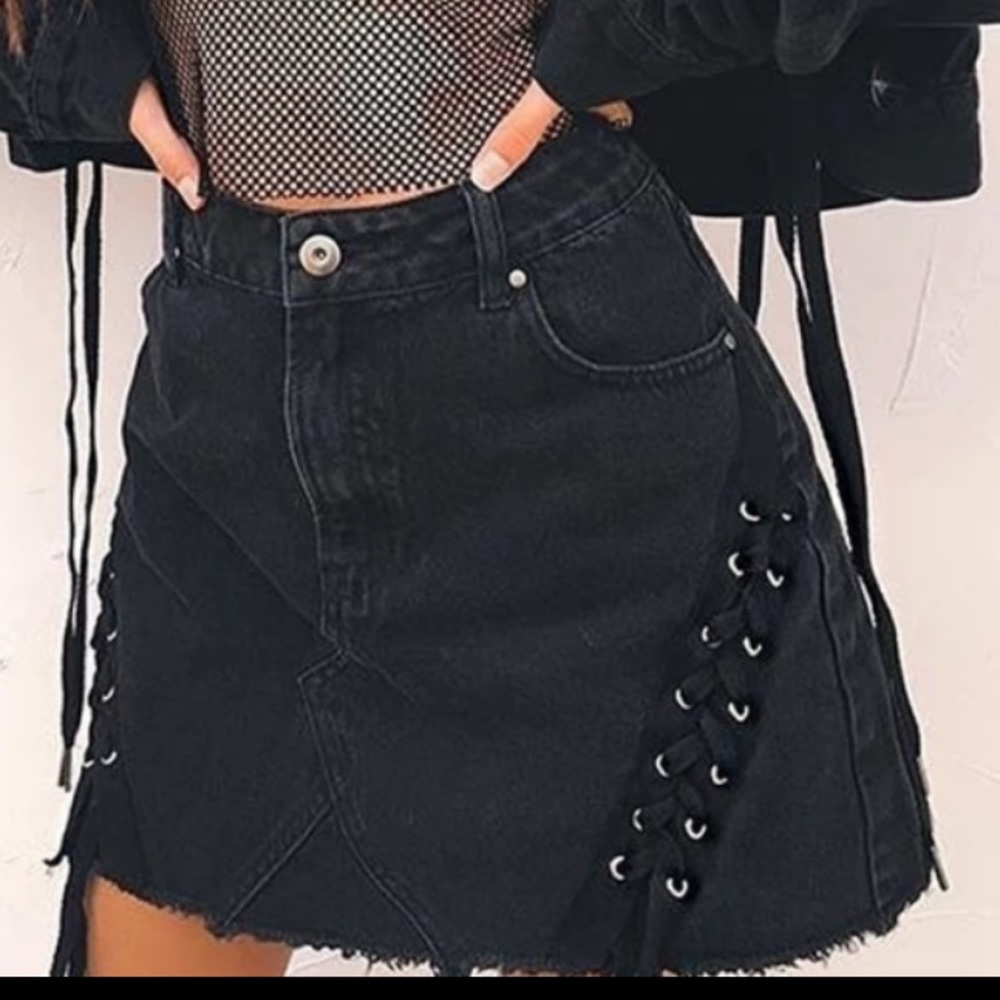 PACSUN Black Denim Mini Skirt Laced Side Raw Hem Size 27